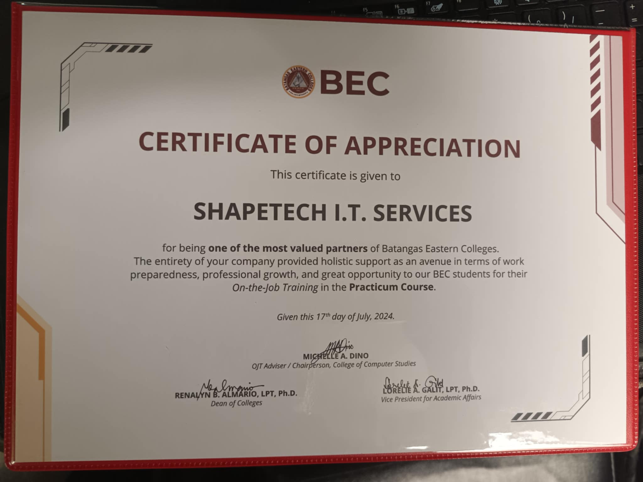 Batangas Eastern College OJT Certificate of Appreciation